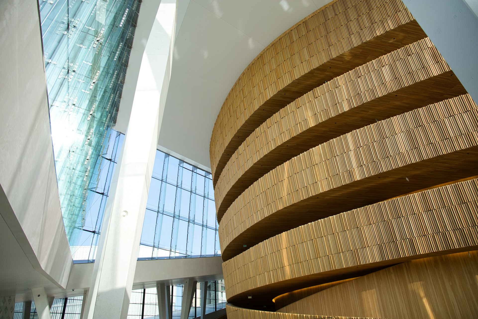 a large building with a spiral staircase inside of it